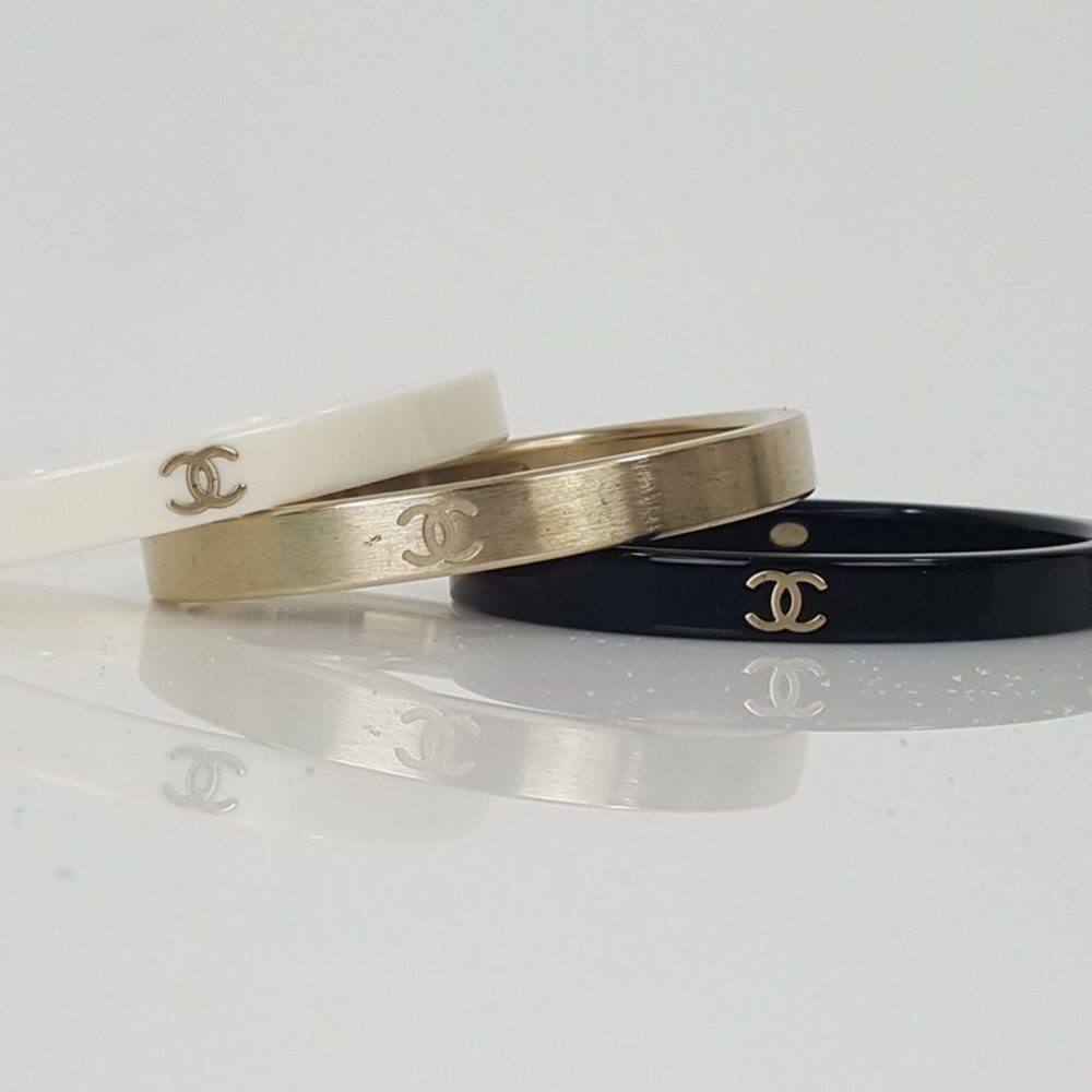 Chanel Triple Set Resin Metal Black White Gold Skinny 3 Bangle Bracelets